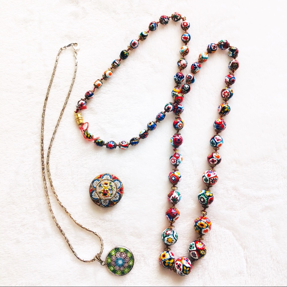 3 pc. ITALIAN MOSAIC MURANO BROOCH NECKLACE SET
